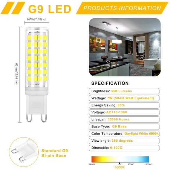 YJYASX-G9 LED Light Bulb 7W Dimmable 50W 60W Halogen Bulbs Equivalent, Daylight White 6000K AC120V 550LM Lamp G9 Bi Pin Base, Non-Flicker, 360Beam Angle, 6 Pack