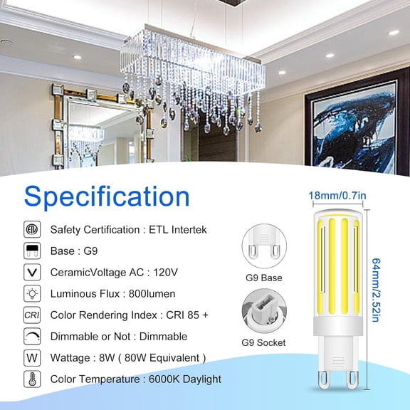 YJYASX-G9 LED Light Bulbs 8W, G9 Bi Pin Base Dimmable,60-80W Halogen Equivalent, Daylight White 6000K 800LM Light Bulb,360 Beam Angle Light for Chandelier Ceiling Pendant Lighting, 5 Pack
