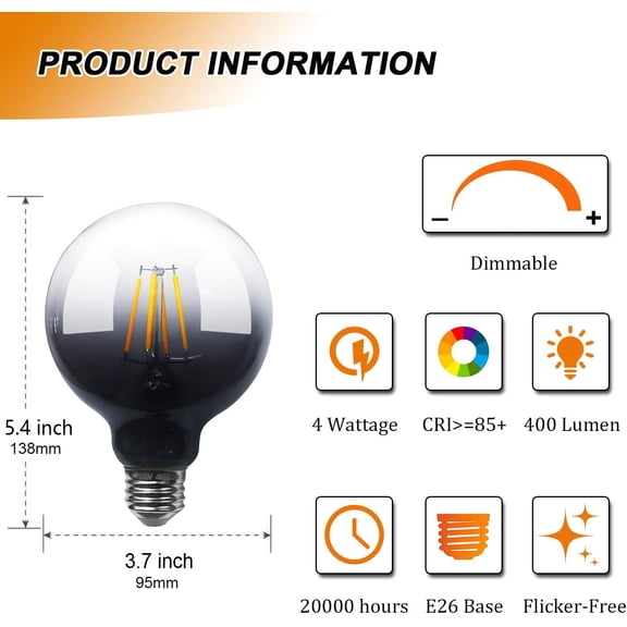 YJYASX-G95/G30 Large Half Black Edison Light Bulb, 4W Globe LED Dimmable Decorative Light Bulb 40 Watt Equivalent, 2200K Warm White Gradient Black Vintage E26 Big Round Edison Bulb for Bedroom Living