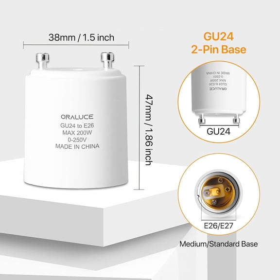 YJYASX-GU24 to E26 Adapter, Bi-Pin to Medium/Standard Base, Light Bulb Socket Adapter Max 200W, 0-250V, Bulb Adapter Socket Converter for Twist and Lock Two Prongs, 4 Pack