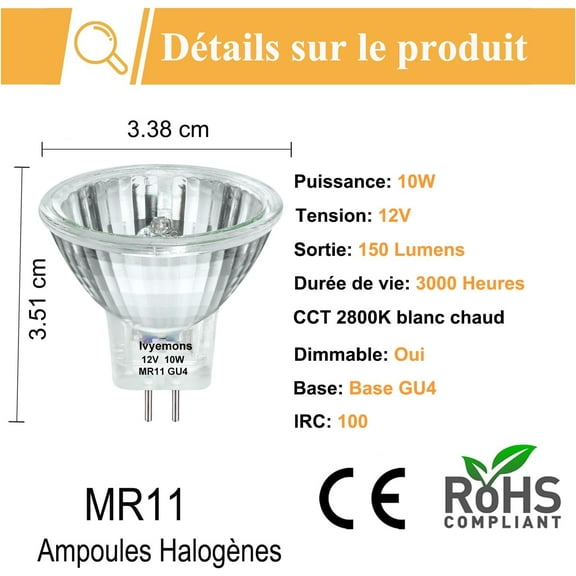 YJYASX-GU4 MR11 12V 10W Halogen FTD Spotlight Bulb, 6 Pack 2800k Warm White Fiber Optic Light Bulbs Mr11, Dimmable Precision MR 11 Bulb for Accent, Landscape, Track Light, Christmas Tree Lighting