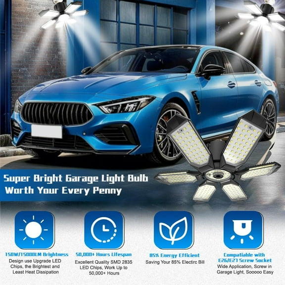 YJYASX-Garage Light - Super Brighter 15000LM Garage Light Bulb 150 Watt Equivalent Screw into E26 Socket w/ 6 Deformable Panels 6500K Led Shop Lights for Base Basement Workshop Warehouse Attic