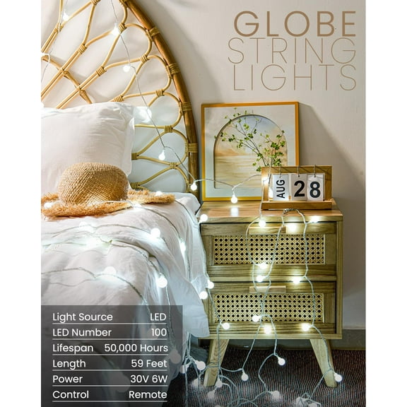 YJYASX-Globe String Lights 59 Ft 100 LED Fairy Lights Plug in with Remote Timer, Connectable Small Frosted Globe Christmas Lights for Bedroom Wedding Xmas Tree Indoor Outdoor Decor, Cool White