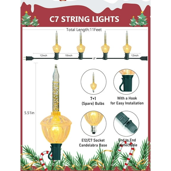 YJYASX-Gold Christmas Bubble Lights Set, 11Ft Christmas String Lights with 8 Golden Glitter Bulbs, Vintage Christmas Tree Lights for Indoor Outdoor Holiday Party Fireplace Lighting, C7/E12 Candelabra