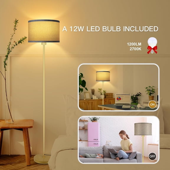 YJYASX-Gold Floor Lamp, Standing Lamp, Rustic Living Room Lamps with with Jute Shade, Foot Pedal Switch, Bright Farmhouse Tall Lamp, Corner Lamp for Bedroom Office (LED Bulbs Included)