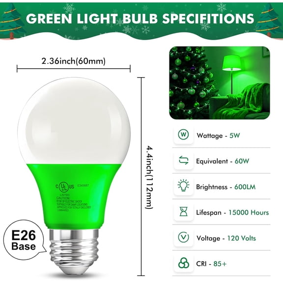 YJYASX-Green Light Bulbs for Outdoor Porch, A19 60 Watt Equivalent LED Colored Light Bulb, 5W E26 Base Green Lightbulb for Christmas Party Indoor Decoration, Non-Dimmable, 4 Pack
