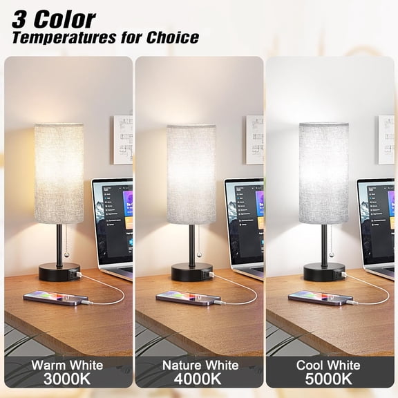 YJYASX-Grey Bedside Lamp for Bedroom Nightstand - Small Table Lamp with USB A + C Charging Port, 3 Color Temperatures Pull Chain Night Stand Light with Bulb, Side Table Desk Reading Lamp for Living R