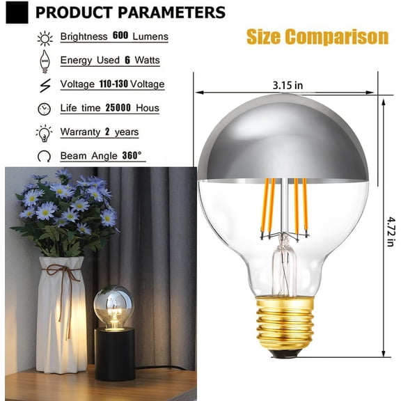 YJYASX-Half Chrome Light Bulb 6W (60W Equivalent) Dimmable LED Edison Bulb G80/G25 Globe Shape Decorative LED Bulb Half Gold Reflected Light 3000K Soft White CR90 E26 Base Pack of 4