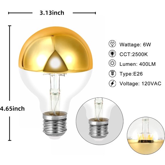 YJYASX-Half Chrome Light Bulb Dimmable 2500K CRI 90, 6W Equivalent to 60W,G80/ G25 Globe Shape Decorative LED Edison Bulb, Ther Reflected LED Light with Golden Tipped E26 Base Pack of 2