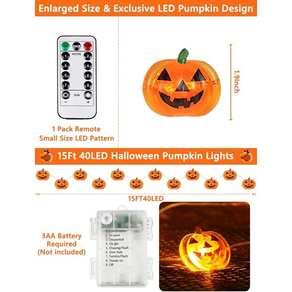 YJYASX-Halloween Fairy Lights Battery Operated 15Ft 40LED Orange Pumpkin String Lights 8 Modes with Remote, Warerproof Twinkle Lights with Timer for Indoor and Outdoor Halloween Decorations for Party