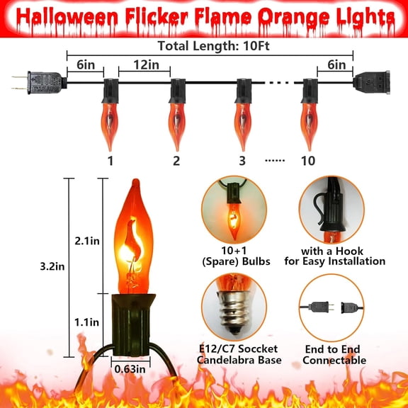 YJYASX-Halloween Flicker Flame Lights Orange String Lights, 10Ft C7 Vintage Flickering Flame Lights 10 Orange Flame Light Bulbs, Halloween String Light for Indoor Outdoor Halloween Christmas Decorati