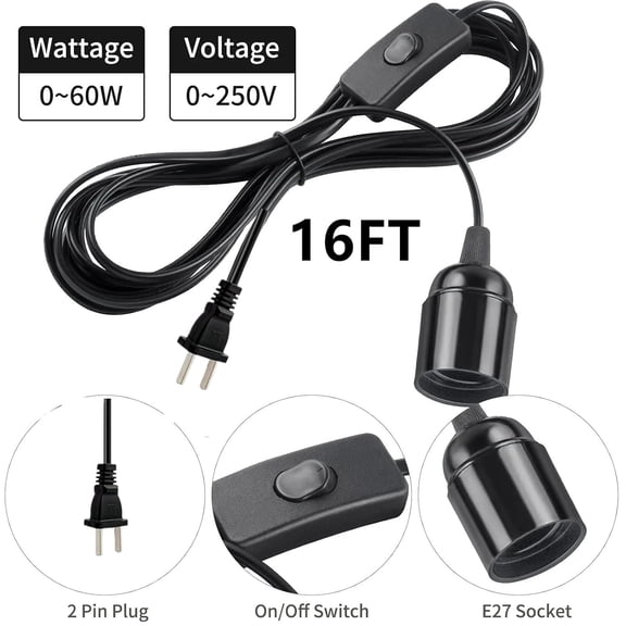 YJYASX-Hanging Pendant Light Cord -16Ft Light Bulb Socket with Cord E26/E27 Plug in Light Socket, Extension Hanging Lantern with On/Off Switch (Black)