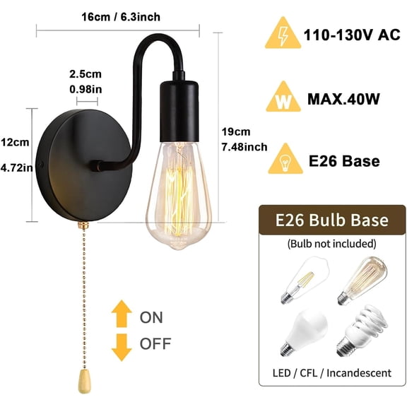 YJYASX-Hardwired Wall Sconce with Switch Set of Two, Small Wall Light Fixtures with Pull Chain, Black Metal Indoor Wall Lights E26 Edison Vintage for Kitchen Hallway