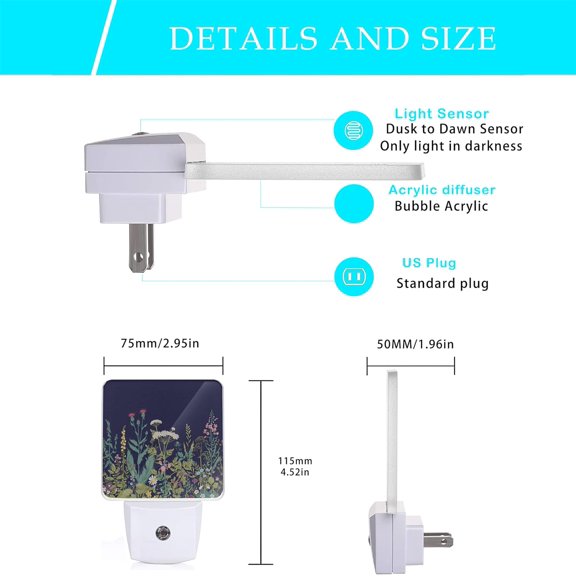 YJYASX-Herbs and Wild Flowers Night Light,Night Lights Plug into Wall 0.5W Sleep Friendly for Boys Girls Led Night Light Dusk to Dawn Sensor Nightlight for Stairway/Hallway/Bedroom