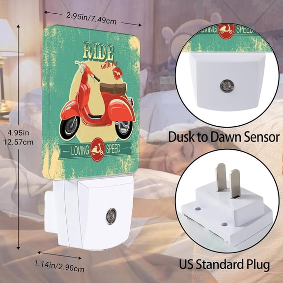 YJYASX-Hipster Vintage with Red Retro Bike Night Light, Dusk to Dawn Smart Sensor Nightlight for Bedroom Bathroom Kitchen Hallway Stairs Hallway, Plug-in, Energy Efficient Decor Desk Lamp Gifts