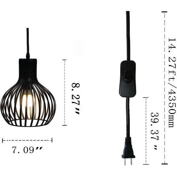 YJYASX-Industrial Wire Cage Plug in Pendant Light 14.27 Ft Hanging Light Cord with On/Off Switch,Vintage Black Metal Hanging Lamp Fixture