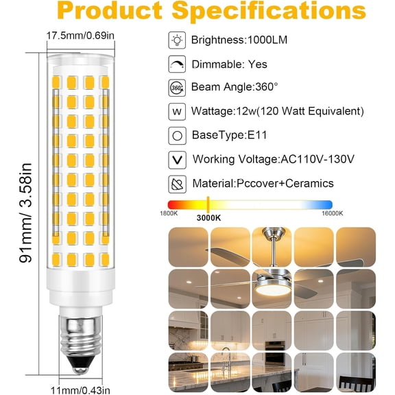 YJYASX-Jde11 120V 120W Led Dimmable Replacement E11 Led Bulbs, Mini Candelabra Bulbs Warm White 3000K 12W 1000LM for Chandeliers, CeilingFan, 2Pack
