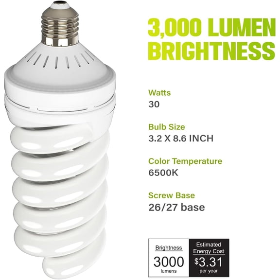 YJYASX-Julius Studio (LED Spiral Design) 1-Pack 30W LED Photo Light Bulbs, 300W Equivalent CFL Replacement, E26 / E27 Base White Daylight 6500K 3000 Lumen, Energy Efficient High Performance, JSAG815