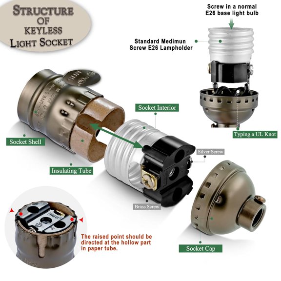 YJYASX-Keyless Lamp Socket,E26 Standard Medium Screw Vintage Light Socket,Edison Lamp Socket Holder Replacement,No Switch,UL Listed (Antique Brass)