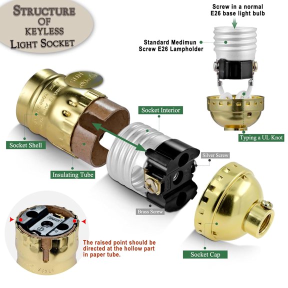 YJYASX-Keyless Lamp Socket,E26 Standard Medium Screw Vintage Light Socket,Edison Lamp Socket Holder Replacement,No Switch,UL Listed (Gold)