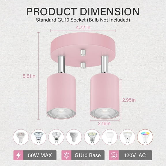 YJYASX-LED 2 Light Track Lighting Kit, LED Track Lighting Fixtures, Pink Round Ceiling Spot Lighting, Flexibly Rotatable Light Head for Kitchen, Living Room, Bedroom, GU10 Bulb Not Included