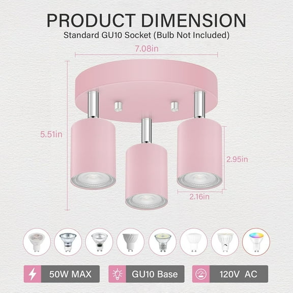 YJYASX-LED 3 Light Track Lighting Kit, LED Track Lighting Fixtures, Pink Round Ceiling Spot Lighting, Flexibly Rotatable Light Head for Kitchen, Living Room, Bedroom, GU10 Bulb Not Included