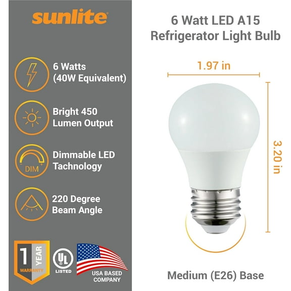 YJYASX-LED A15 Refrigerator Light Bulb, 6 Watts (40W Equivalent), 450 Lumens, Medium Base (E26), Dimmable, Frosted Finish, UL Listed, 50K -Super White, 6 Pack