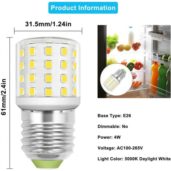 YJYASX-LED Appliance Light Bulb for Refrigerator Fridge Freezer 4W (40W Equivalent) E26 Medium Base Compact T10 Tubular A15 AC100-265V Floor Lighting Decorative Corn Lamp Daylight White 5000K, Pack o