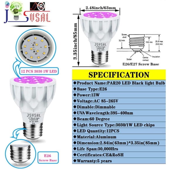 YJYASX-LED Black Light Bulbs,Dimmable,PAR20 Blacklight E26 Base,12W AC 85-265V,UVA Level 395-400nm,Glow in The Dark for Blacklight Party,Body Paint, Stage Lighting,Fluorescent Poster,2 Pack