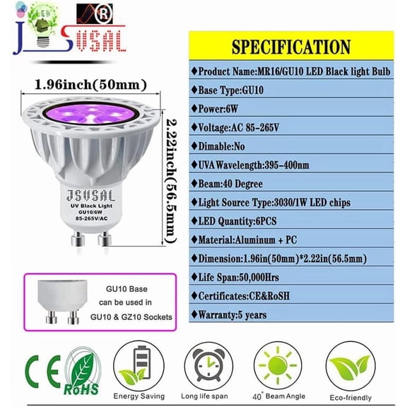 YJYASX-LED Black Light Bulbs,MR16 GU10 Base,AC 85-265V 6W,UVA Level 395-400nm, Glow in The Dark for Blacklight Party,Stage Lighting,DJ Dance Party,Holiday Decorations,2 Pack