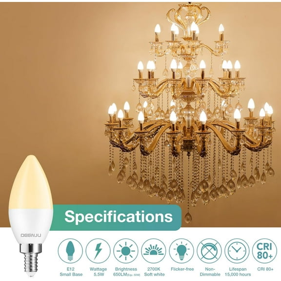 YJYASX-LED Candelabra Light Bulbs 60W Equivalent, Chandelier Light Bulbs Soft White 2700K, E12 LED Bulb, Type B Light Bulb 5.5W, Candelabra Base, 120V, B11 Candle Light Bulb, Non-Dimmable, 10 Pack
