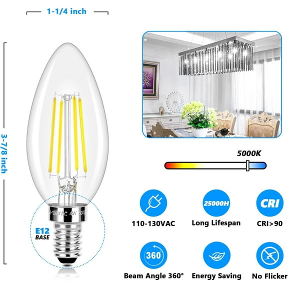 YJYASX-LED Candle Bulbs 40W Equivalent Dimmable, E12 Candelabra Light Bulbs 4W 470Lm Clear Edison LED Bulb, Daylight White 5000K B11 Classic Bright Filament Bulb, Decorative Lights for Lamps, Pack of