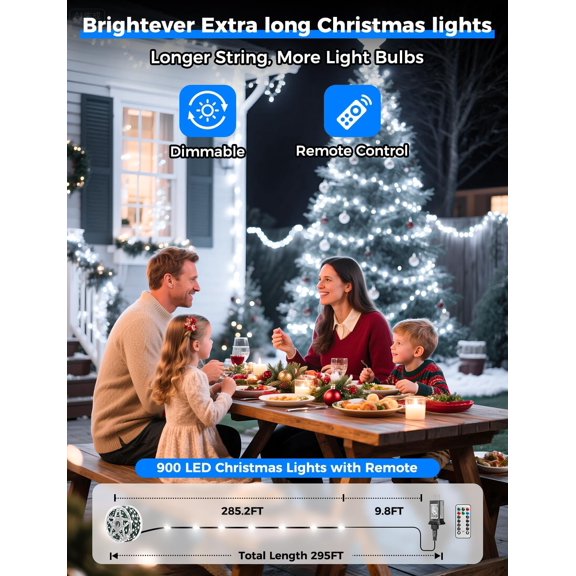 YJYASX-LED Christmas Lights Outdoor, 295 FT 900 LED Christmas Tree Fence Lights with Remote - 8 Lighting Modes & 3 Timers, Cascading Twinkle Light Decor for Outside, Garden, Lawn (Cool White)