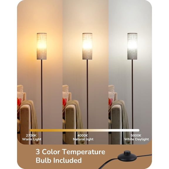 YJYASX-LED Floor Lamp for Living Room, 63.7in Modern Standing Lamp with 9W LED Bulb, 3 Color Temperature, Minimalist Floor Lamp for Bedroom, Office, Nursery, Foot Pedal Switch, Brown