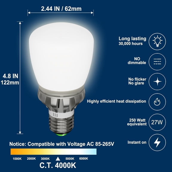 YJYASX-LED Light Bulbs, 250W Equivalent, 27W Non-Dimmable, 3670Lumens, 4000K, 1 Pack