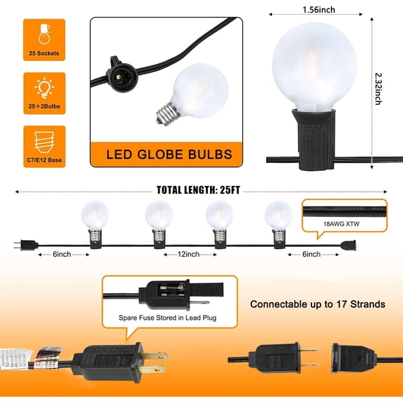 YJYASX-LED Outdoor String Lights 25Ft G40 Frosted White Globe Patio Lights Waterproof with 27 Shatterproof LED Bulbs, Hanging Outdoor Christmas Decorations Lights for Backyard Bistro Wedding Party Ga