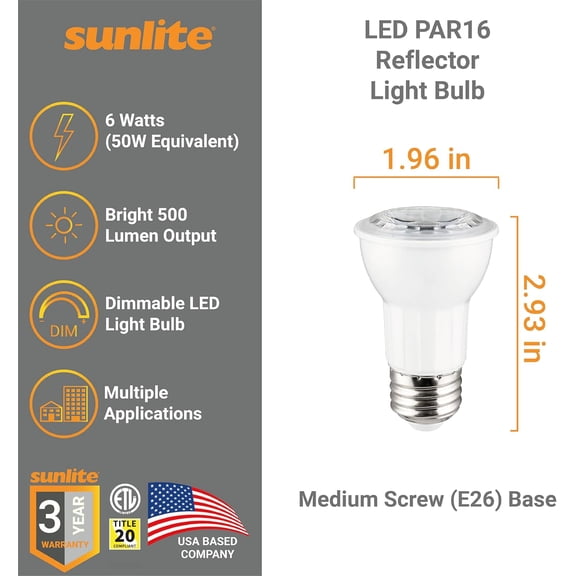 YJYASX-LED PAR16 Long Neck Recessed Spotlight Light Bulb, 6 Watts (50W=), 500 Lumens, Medium E26 Base, Dimmable, 90 CRI, ETL Listed, Title-20 Compliant, 4000K Cool White, 6 Count