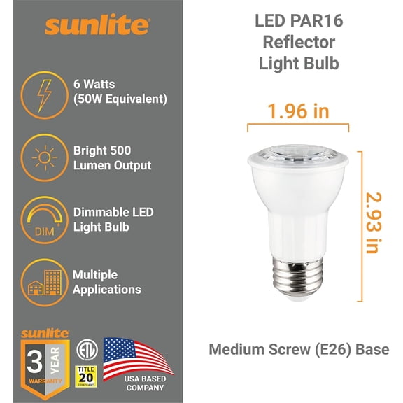 YJYASX-LED PAR16 Long Neck Recessed Spotlight Light Bulb, 6 Watts (50W=), 500 Lumens, Medium E26 Base, Dimmable, 90 CRI, ETL Listed, Title-20 Compliant, 5000K Daylight, 6 Count