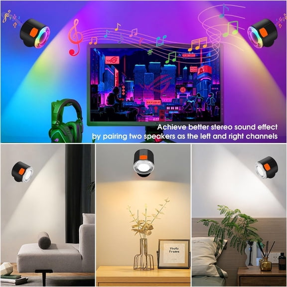 YJYASX-LED Wall Mounted Light, Battery Operated Wall Sconces with Bluetooth Speaker 3000mAh Rechargeable Wall Lights, Dimmable Bedside Reading Wall Lamp for Bedroom, White Light Dynamic RGB Music Syn