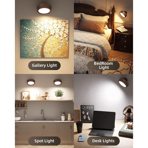 YJYASX-LED Wall Mounted Lights, 5500mAh Rechargeable Wall Sconces Lamp, 3 Color Temps & Remote and Touch Control, 360Rotation Dimmable Cordless Wall Light for Bedroom Reading Study (2 Pack Walnut)