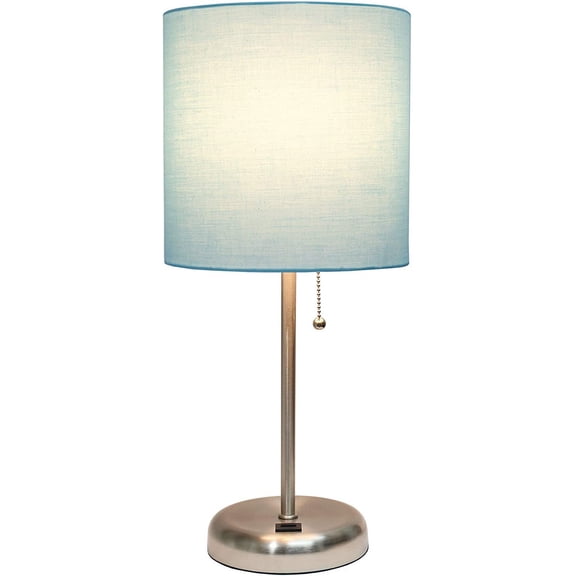 YJYASX-LT2044-AQU Brushed Steel Stick Table Desk Lamp with USB Charging Port and Drum Fabric Shade, Aqua Shade