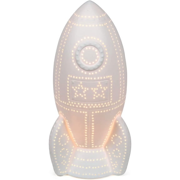YJYASX-LT2095-WHT White Space Astronaut Kids Room Porcelain Fun Shaped Table Lamp, Rocket Ship