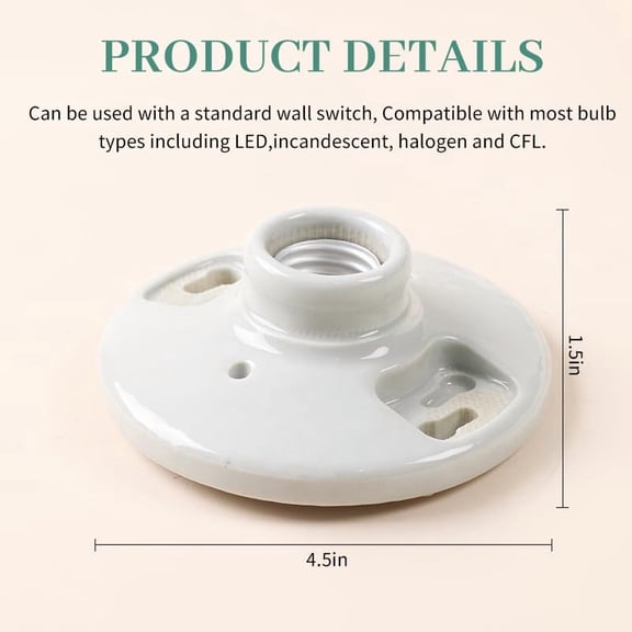 YJYASX-LUCKY STAR E26 Porcelain Socket Base 660W 250V Medium Base E26 Lampholder, 2 Terminals, Porcelain, White (1 Pack)