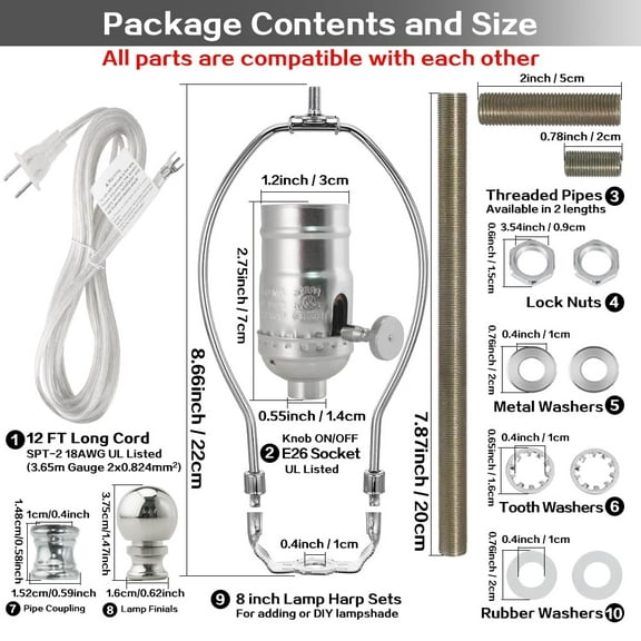 YJYASX-Lamp Rewire Kit Make a Lamp Repair Kits E26 Light Socket Matching Cord Wire Harp Making Supplies Set Lamp Wiring Kit for Table Floor Lamp with All Parts Needed for DIY Lamp Design - Silver