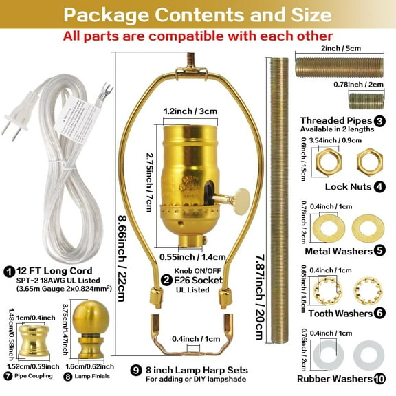YJYASX-Lamp Rewire Kit Make a Lamp Repair Kits E26 Light Socket Matching Cord Wire Harp Making Supplies Set Lamp Wiring Kit for Table Floor Lamp with All Parts Needed for DIY Lamp - Antique Gold