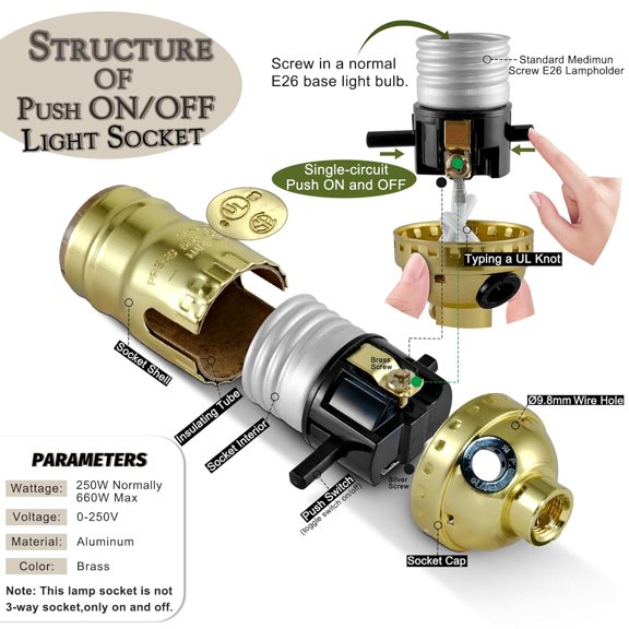 YJYASX-Lamp Socket with Push ON/Off Switch,Medium Screw Push Socket,Floor and Table Lamp Switch Parts,Twist Knob Light Socket Replacement,UL Listed (Gold, 2)