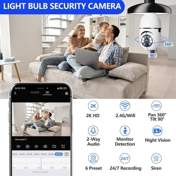 YJYASX-Light Bulb Camera 2 Pack,5g Dual Band Bulb Camera,WiFi 6 Light Bulb Camera Pack of 2, 2.4G/5G WiFi Light Bulb Camera, Home Secuirty Socket Camera,360 Degree Panoramic Camera 2pcs