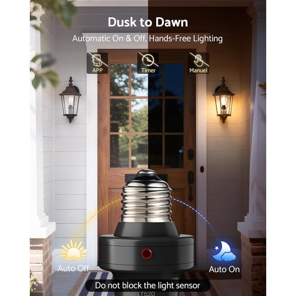 YJYASX-Light Sensor Socket, E26/E27 Light Bulb Socket, Automatic Dusk to Dawn Photocell Sensor with 300 Adjustable Angle for Outdoor Lighting in Porch, Garage, and Wall Lights, Black, 2 Pack