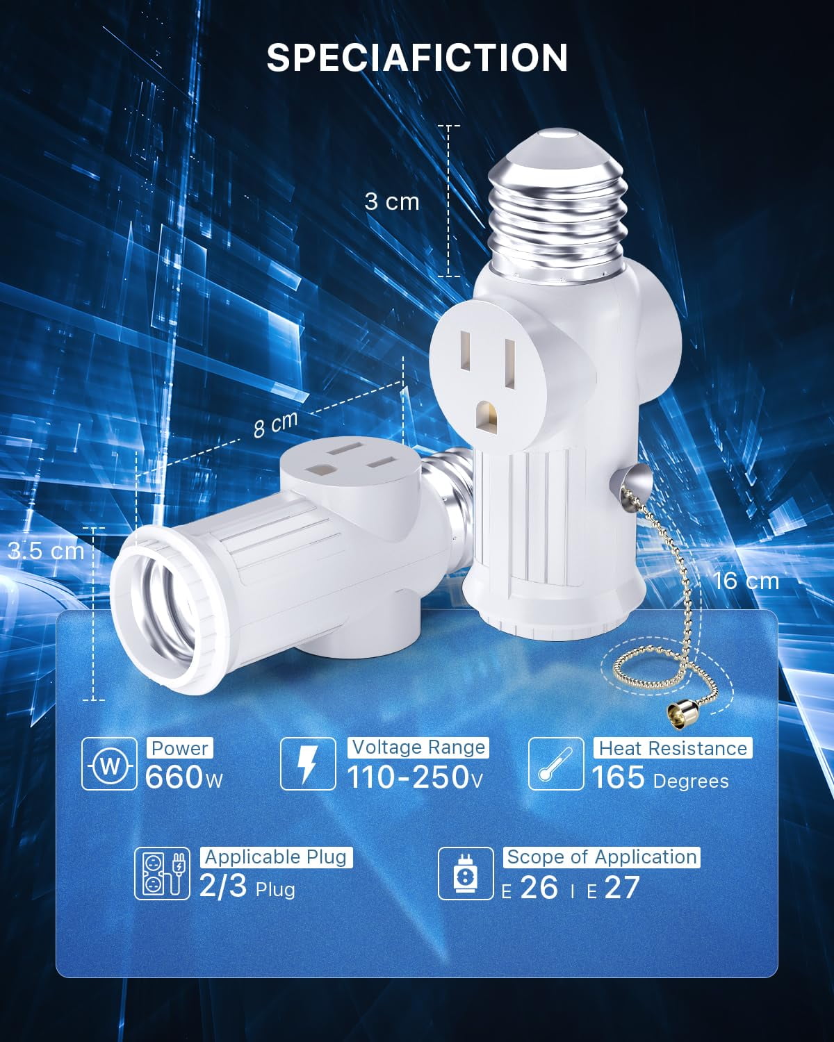 YJYASX-Light Socket to Plug Adapter, 2-Pack Pull Chain 2/3 Prong Light ...