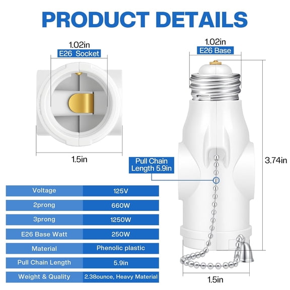 YJYASX-Light Socket to Plug Adapter with Bulb Control Switch 5PK, Convert E26 Light Socket to 3 Prong & 2 Prong Outlets and Light Bulb Socket, Polarized Light Bulb Plug Splitter for Garage Porch, ETL